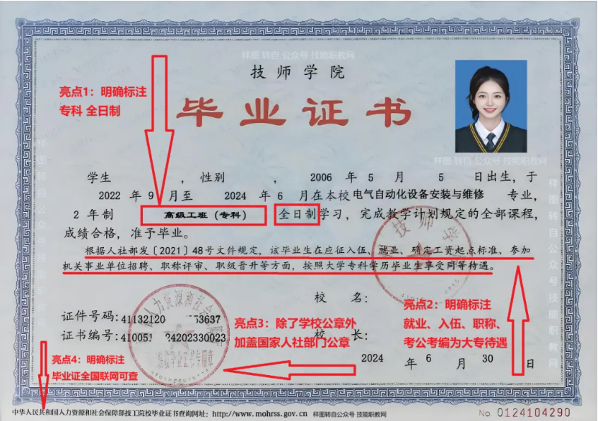 新版技师学院毕业证书4大亮点